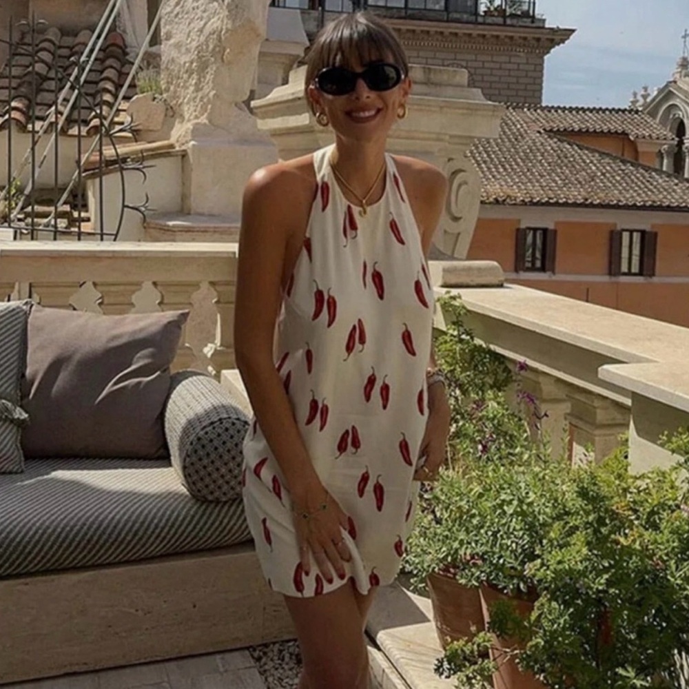 Commense White Halter Backless Mini Dress with Red Chili Print